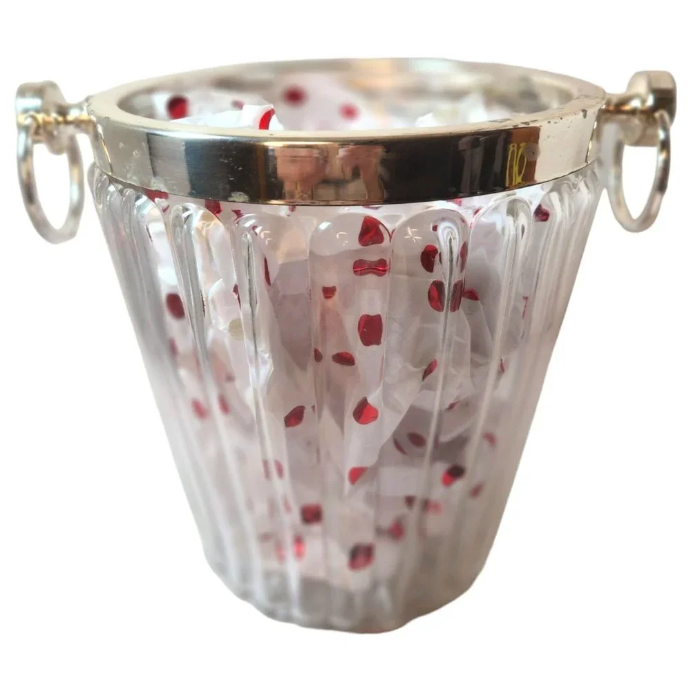 MCM Crystal Ice Bucket Ribbed Glass Silverplate Rim Ring Handles Champagne